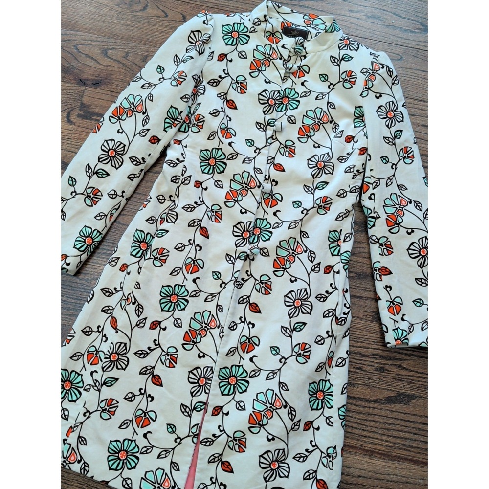 Tocca Women's Cream Floral Vine All Over Print Overcoat Button Collar Boho Sz 10